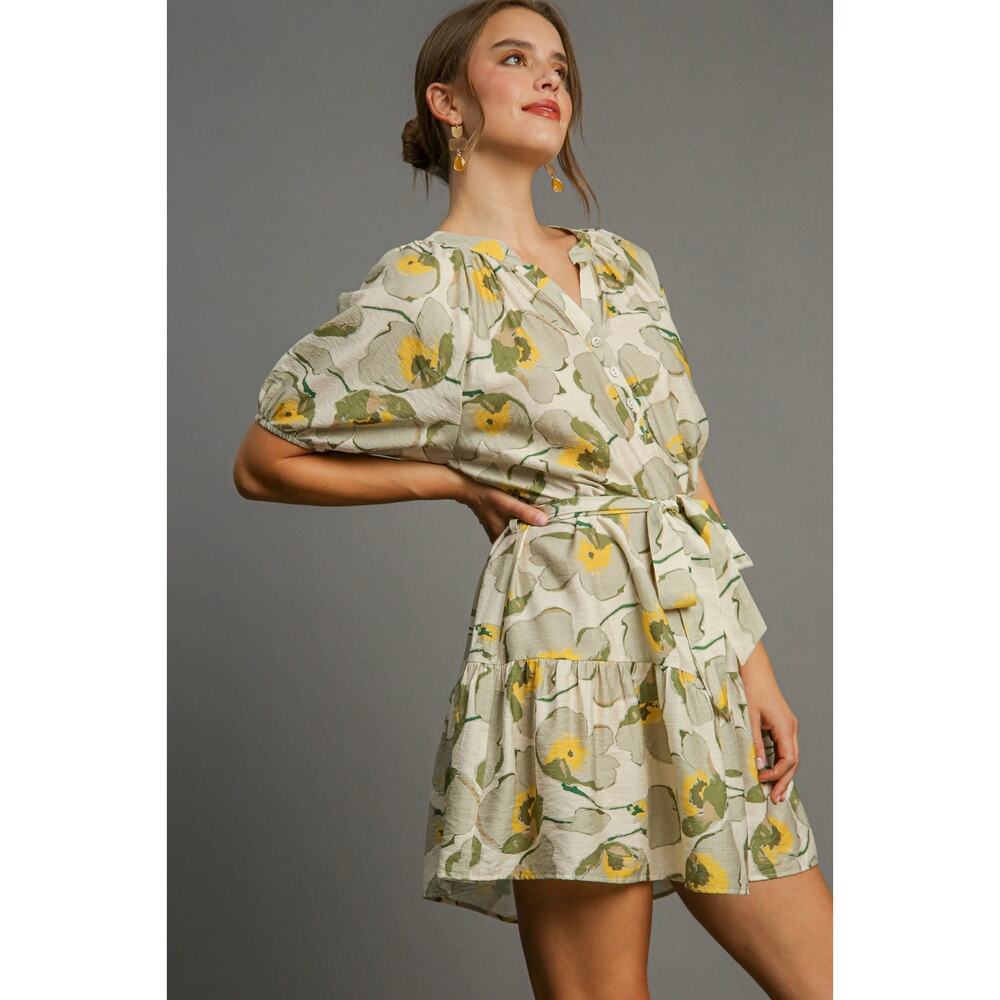 Umgee NWT Floral Tie Waist Fall Mini Dress Boho Neutral Sz S - Picture 2 of 9
